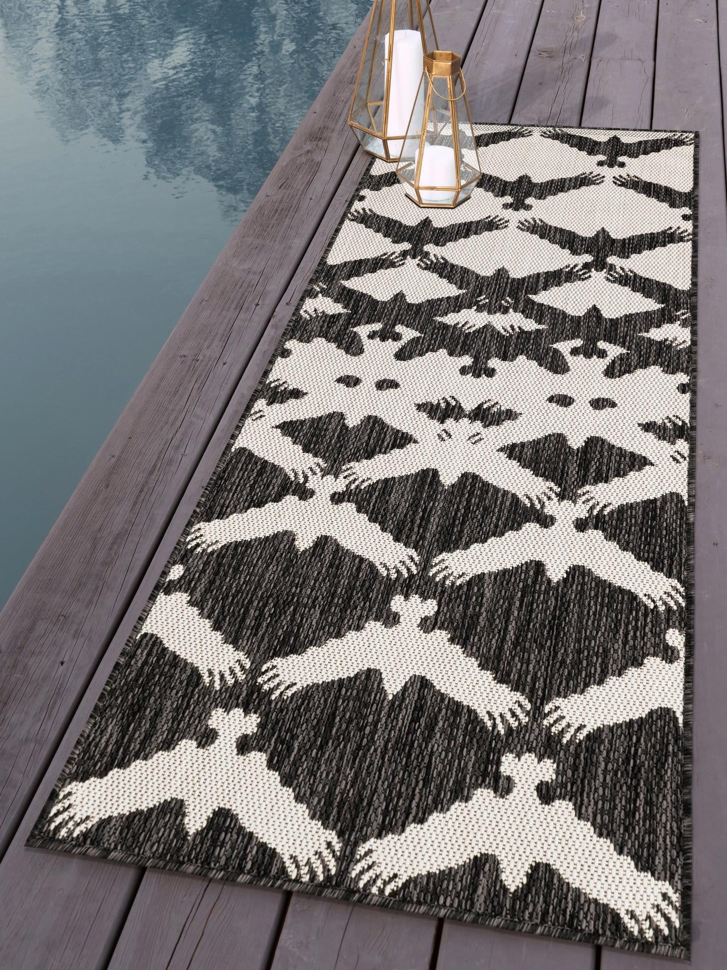 Black and White 2' x 6' 1 Outdoor Modern Runner Area Rug Weather Resistant for Patio, Deck, Terrace, Balcony, Porch 100% Polypropylene Modern Outside Carpet for Sale at Rug Engine