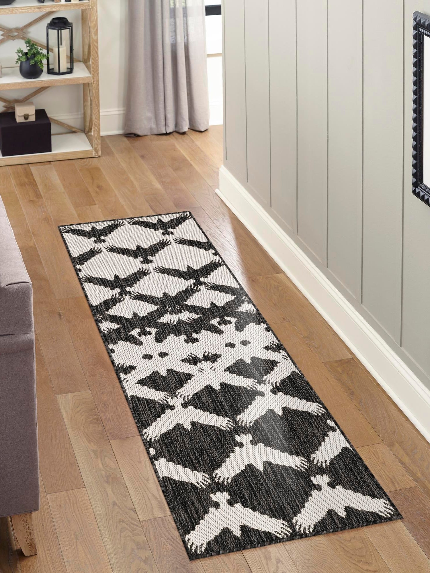 Black and White 2' x 6' 1 Outdoor Modern Runner Area Rug Weather Resistant for Patio, Deck, Terrace, Balcony, Porch 100% Polypropylene Modern Outside Carpet for Sale at Rug Engine