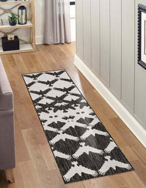 Black and White 2' x 6' 1 Outdoor Modern Runner Area Rug Weather Resistant for Patio, Deck, Terrace, Balcony, Porch 100% Polypropylene Modern Outside Carpet for Sale at Rug Engine