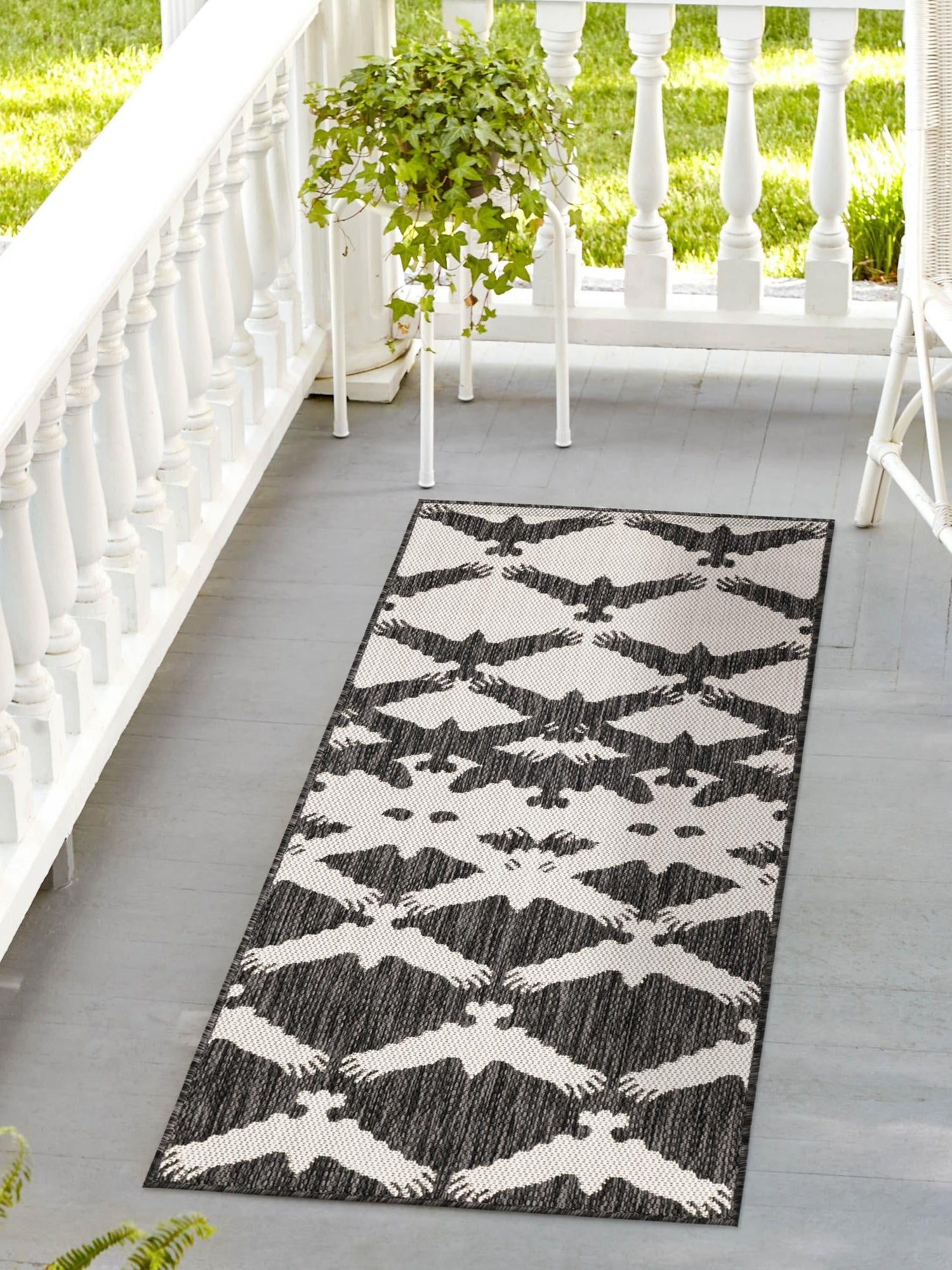 Black and White 2' x 5' 3 Outdoor Modern Runner Area Rug Weather Resistant for Patio, Deck, Terrace, Balcony, Porch 100% Polypropylene Modern Outside Carpet for Sale at Rug Engine