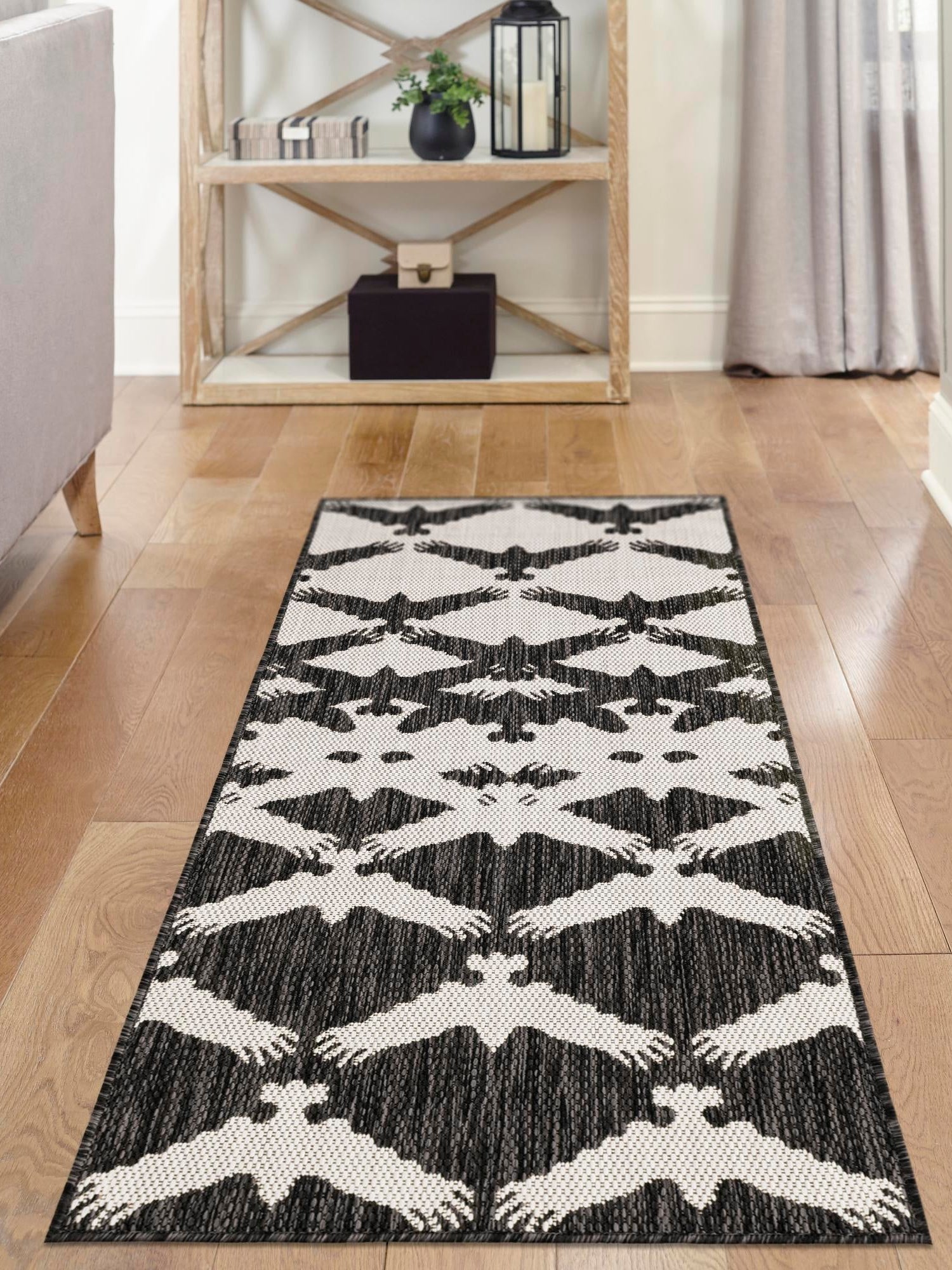 Black and White 2' x 5' 3 Outdoor Modern Runner Area Rug Weather Resistant for Patio, Deck, Terrace, Balcony, Porch 100% Polypropylene Modern Outside Carpet for Sale at Rug Engine