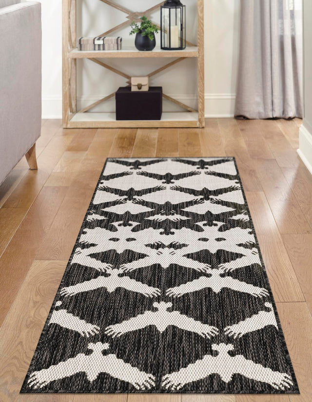 Black and White 2' x 5' 3 Outdoor Modern Runner Area Rug Weather Resistant for Patio, Deck, Terrace, Balcony, Porch 100% Polypropylene Modern Outside Carpet for Sale at Rug Engine