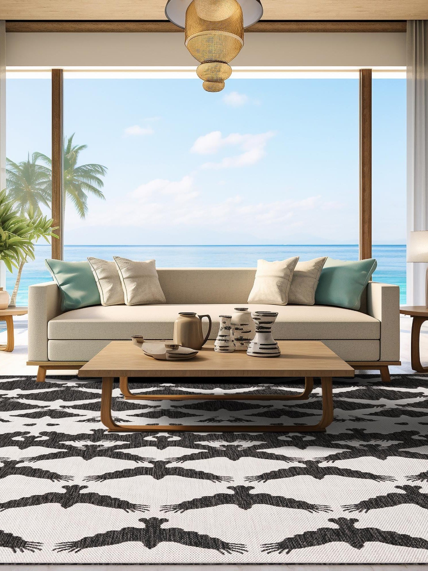 Black and White 10' x 10' Outdoor Modern Square Area Rug Weather Resistant for Patio, Deck, Terrace, Balcony, Porch 100% Polypropylene Modern Outside Carpet for Sale at Rug Engine