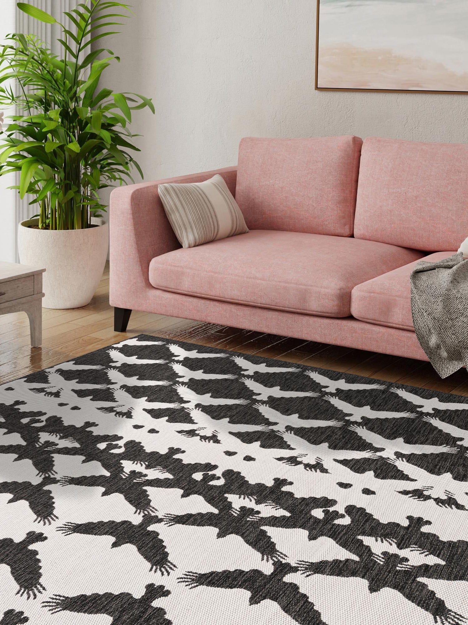 Black and White 7' 10 x 7' 10 Outdoor Modern Square Area Rug Weather Resistant for Patio, Deck, Terrace, Balcony, Porch 100% Polypropylene Modern Outside Carpet for Sale at Rug Engine