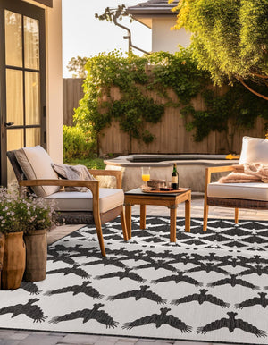 Black and White 7' 10 x 7' 10 Outdoor Modern Square Area Rug Weather Resistant for Patio, Deck, Terrace, Balcony, Porch 100% Polypropylene Modern Outside Carpet for Sale at Rug Engine