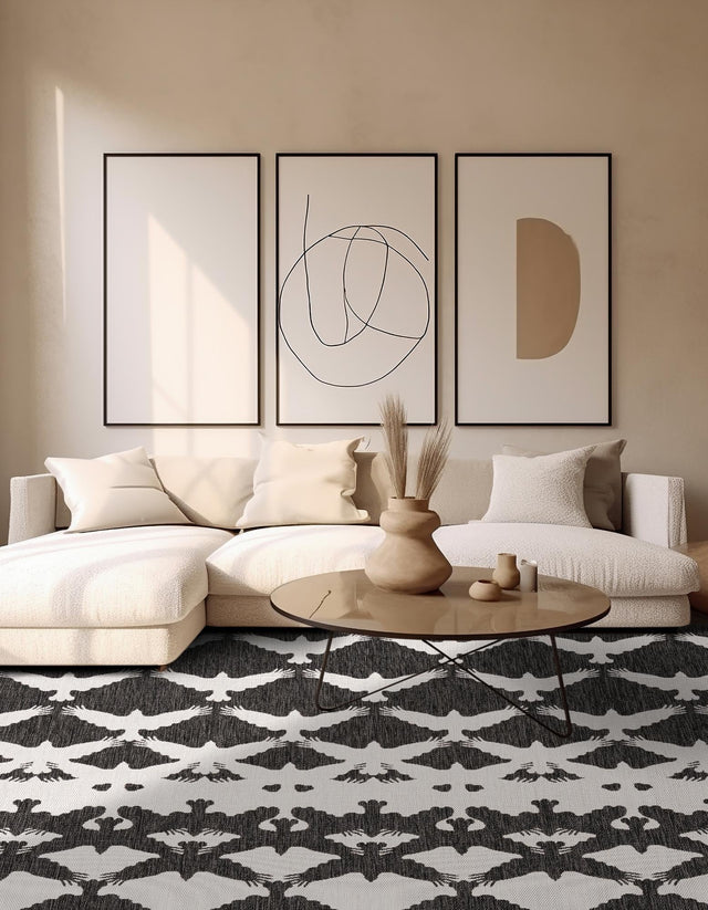 Black and White 12' x 12' Outdoor Modern Square Rug