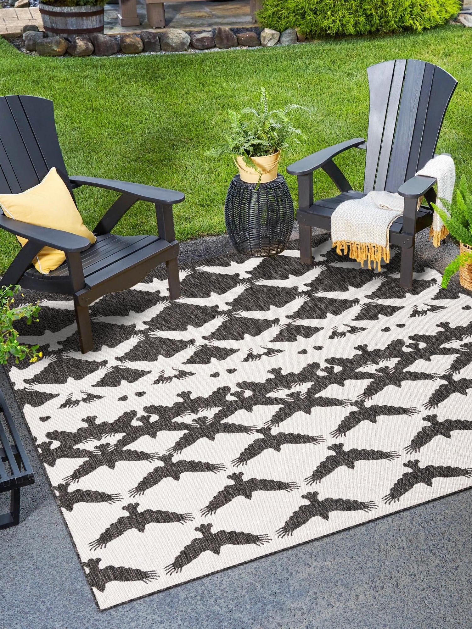 Black and White 7' 10 x 7' 10 Outdoor Modern Square Area Rug Weather Resistant for Patio, Deck, Terrace, Balcony, Porch 100% Polypropylene Modern Outside Carpet for Sale at Rug Engine