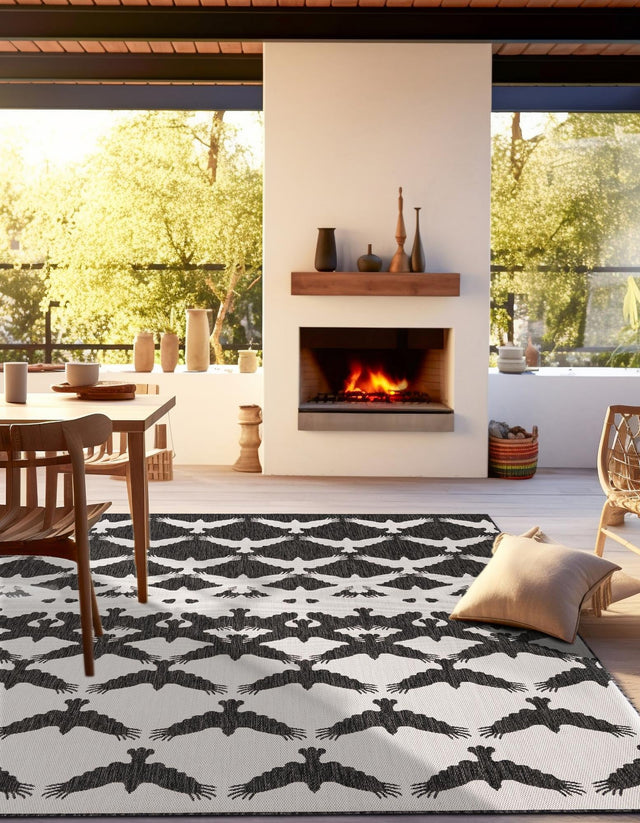 Black and White 10' x 10' Outdoor Modern Square Area Rug Weather Resistant for Patio, Deck, Terrace, Balcony, Porch 100% Polypropylene Modern Outside Carpet for Sale at Rug Engine