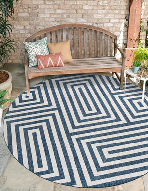 Blue 10' x 10' Outdoor Modern Round Area Rug Weather Resistant for Patio, Deck, Terrace, Balcony, Porch 100% Polypropylene Modern Outside Carpet for Sale at Rug Engine