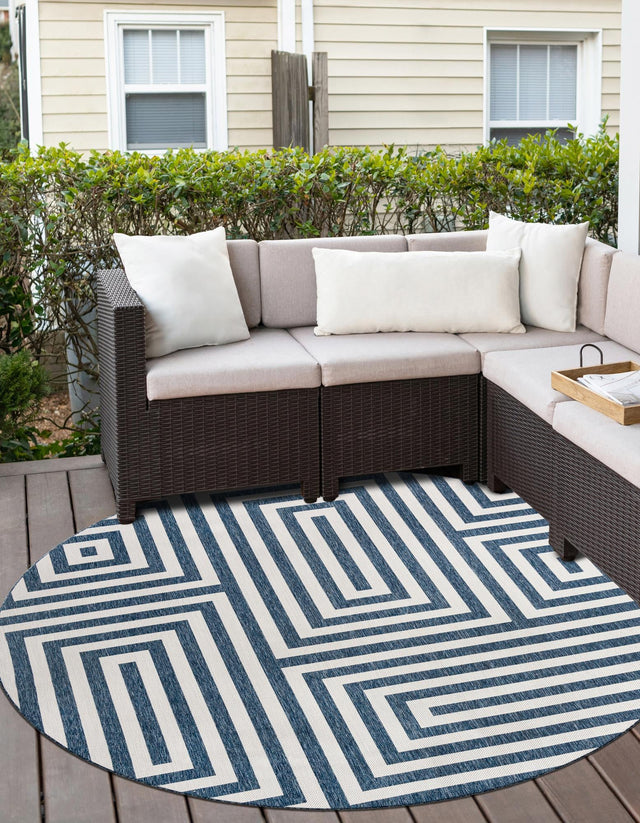 Blue 10' x 10' Outdoor Modern Round Area Rug Weather Resistant for Patio, Deck, Terrace, Balcony, Porch 100% Polypropylene Modern Outside Carpet for Sale at Rug Engine