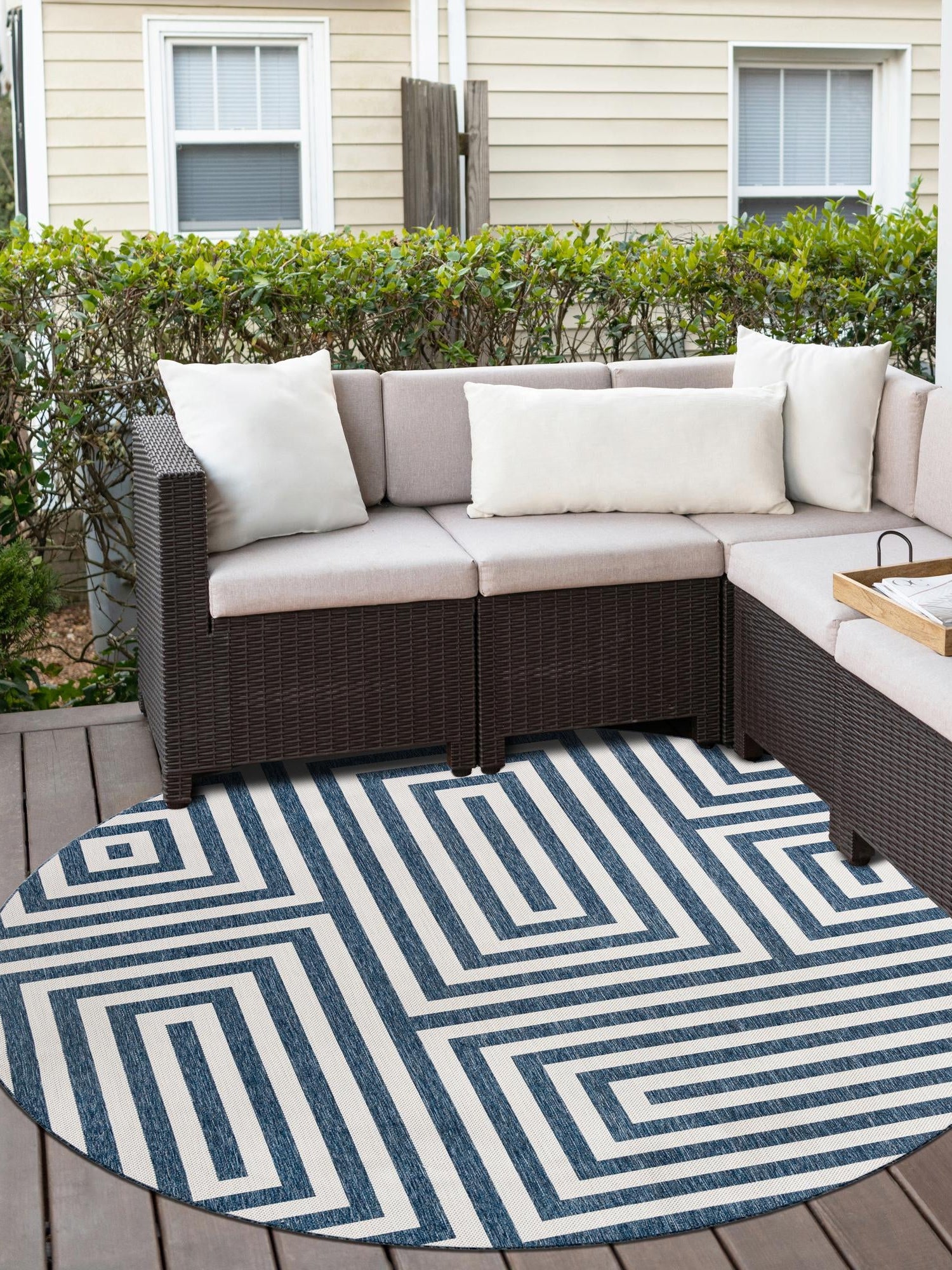Blue 3' 1 x 3' 1 Outdoor Modern Round Area Rug Weather Resistant for Patio, Deck, Terrace, Balcony, Porch 100% Polypropylene Modern Outside Carpet for Sale at Rug Engine