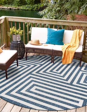 Blue 7' 10 x 7' 10 Outdoor Modern Round Area Rug Weather Resistant for Patio, Deck, Terrace, Balcony, Porch 100% Polypropylene Modern Outside Carpet for Sale at Rug Engine