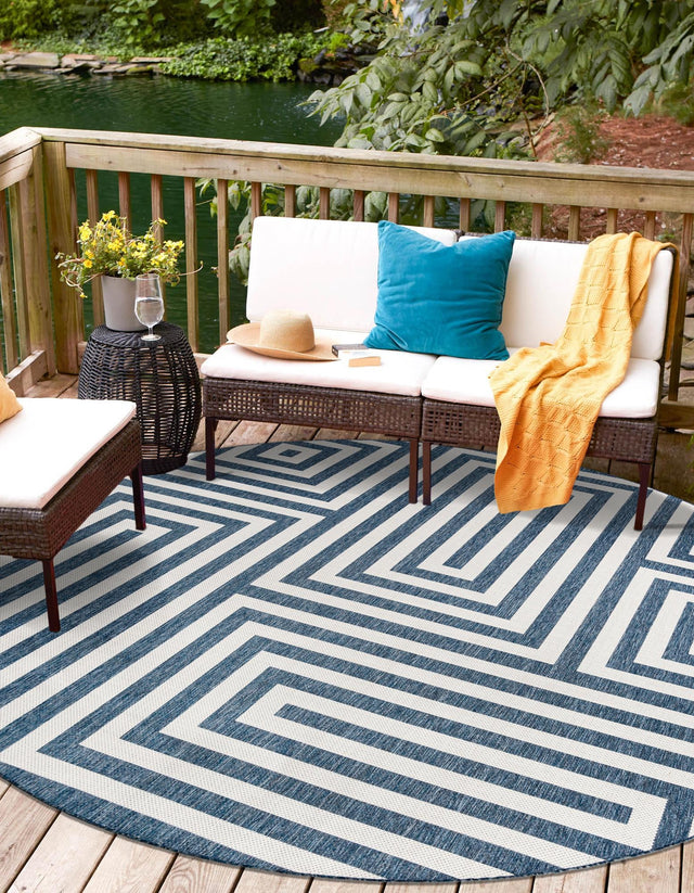 Blue 12' x 12' Outdoor Modern Round Area Rug Weather Resistant for Patio, Deck, Terrace, Balcony, Porch 100% Polypropylene Modern Outside Carpet for Sale at Rug Engine
