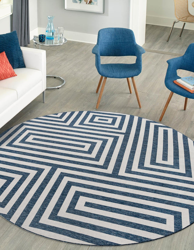 Blue 10' x 10' Outdoor Modern Round Area Rug Weather Resistant for Patio, Deck, Terrace, Balcony, Porch 100% Polypropylene Modern Outside Carpet for Sale at Rug Engine
