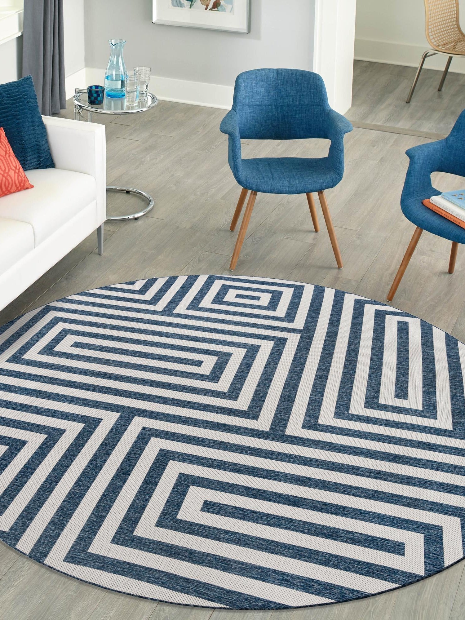 Blue 7' 10 x 7' 10 Outdoor Modern Round Area Rug Weather Resistant for Patio, Deck, Terrace, Balcony, Porch 100% Polypropylene Modern Outside Carpet for Sale at Rug Engine