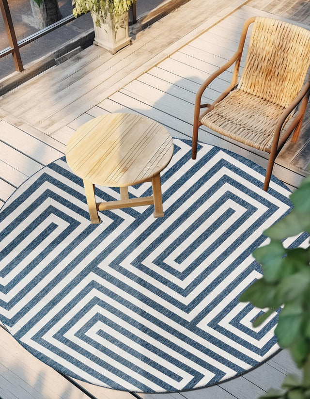 Blue 10' x 10' Outdoor Modern Round Area Rug Weather Resistant for Patio, Deck, Terrace, Balcony, Porch 100% Polypropylene Modern Outside Carpet for Sale at Rug Engine