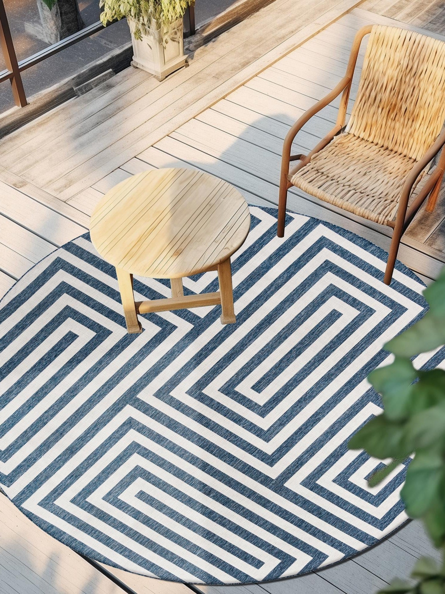 Blue 12' x 12' Outdoor Modern Round Area Rug Weather Resistant for Patio, Deck, Terrace, Balcony, Porch 100% Polypropylene Modern Outside Carpet for Sale at Rug Engine