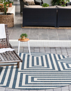 Blue 10' x 10' Outdoor Modern Round Area Rug Weather Resistant for Patio, Deck, Terrace, Balcony, Porch 100% Polypropylene Modern Outside Carpet for Sale at Rug Engine
