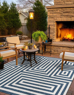 Blue 7' 10 x 7' 10 Outdoor Modern Square Area Rug Weather Resistant for Patio, Deck, Terrace, Balcony, Porch 100% Polypropylene Modern Outside Carpet for Sale at Rug Engine