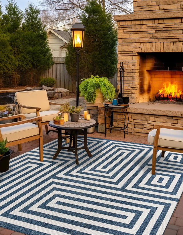 Blue 10' x 10' Outdoor Modern Square Area Rug Weather Resistant for Patio, Deck, Terrace, Balcony, Porch 100% Polypropylene Modern Outside Carpet for Sale at Rug Engine
