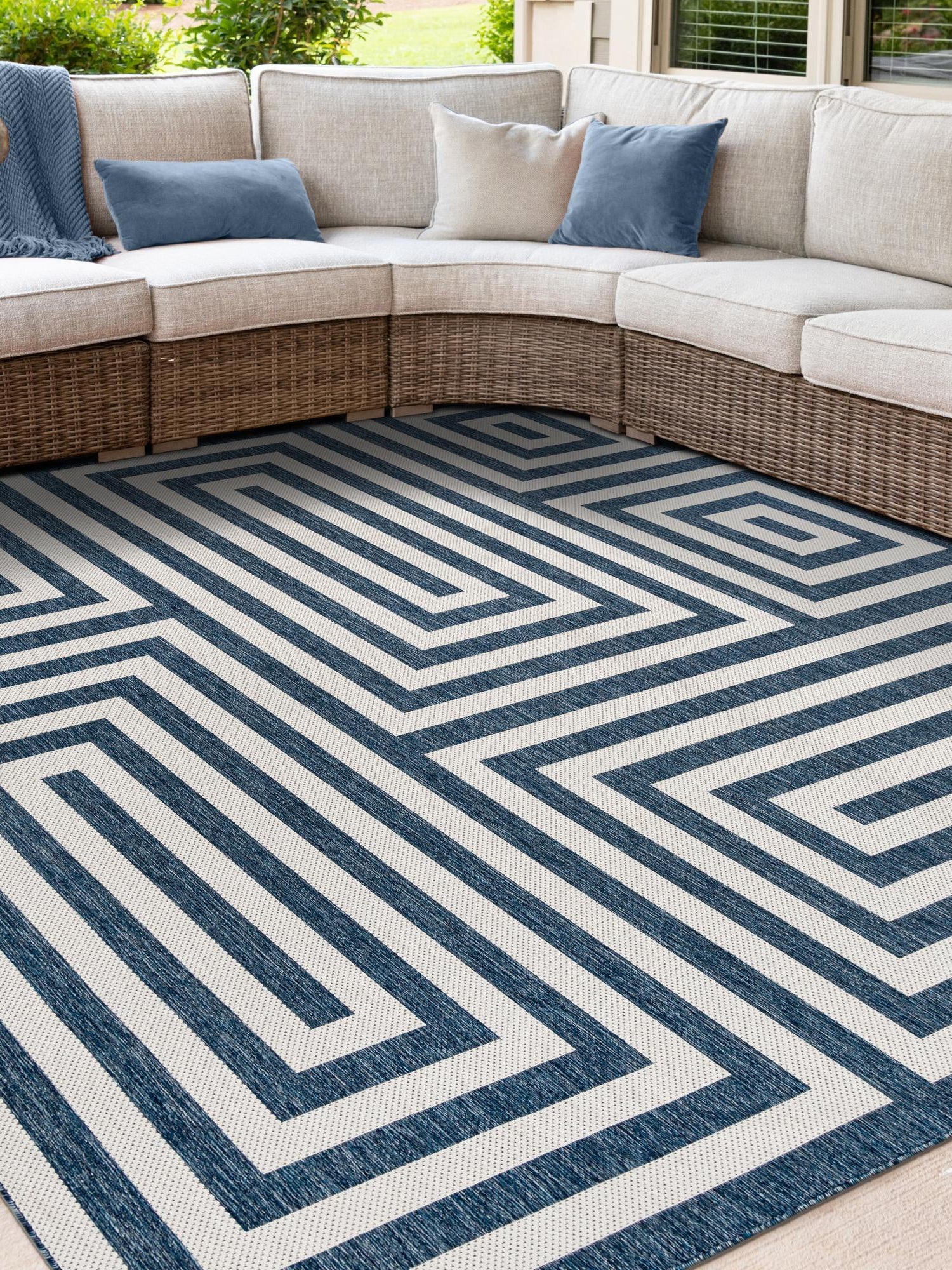 Blue 7' 10 x 7' 10 Outdoor Modern Square Area Rug Weather Resistant for Patio, Deck, Terrace, Balcony, Porch 100% Polypropylene Modern Outside Carpet for Sale at Rug Engine