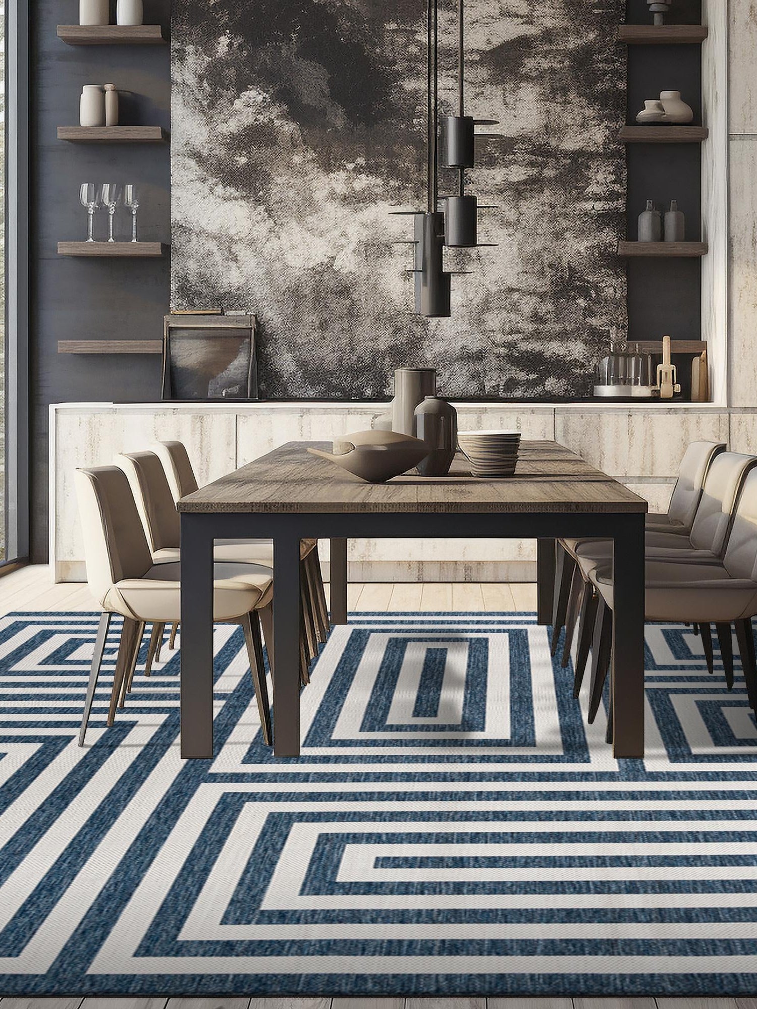 Blue 12' x 12' Outdoor Modern Square Area Rug Weather Resistant for Patio, Deck, Terrace, Balcony, Porch 100% Polypropylene Modern Outside Carpet for Sale at Rug Engine