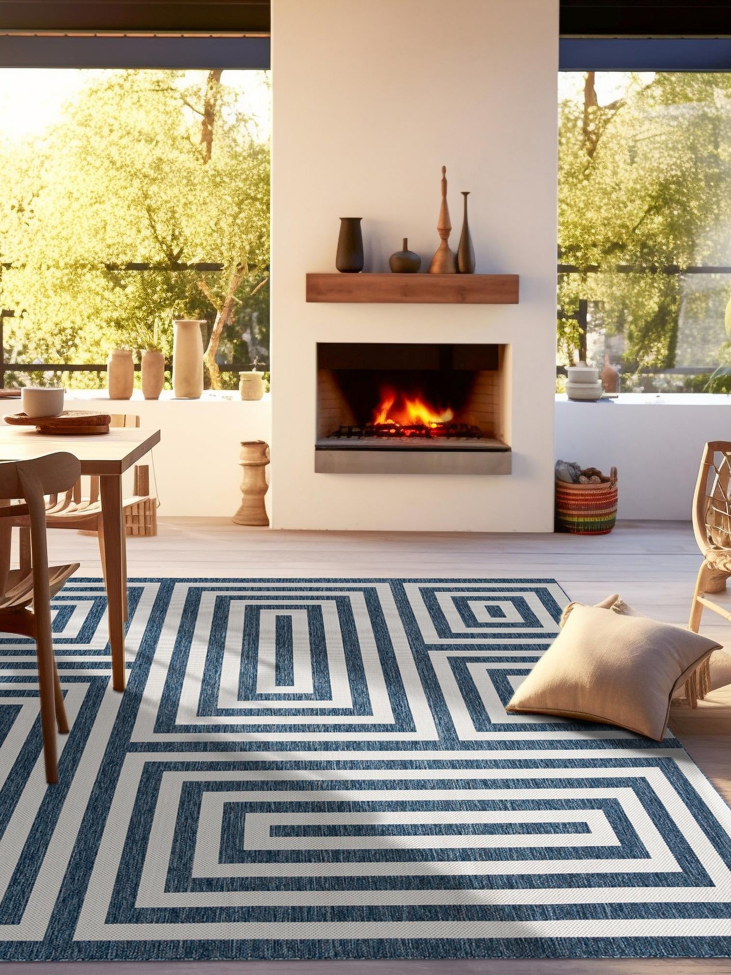 Blue 7' 10 x 7' 10 Outdoor Modern Square Area Rug Weather Resistant for Patio, Deck, Terrace, Balcony, Porch 100% Polypropylene Modern Outside Carpet for Sale at Rug Engine