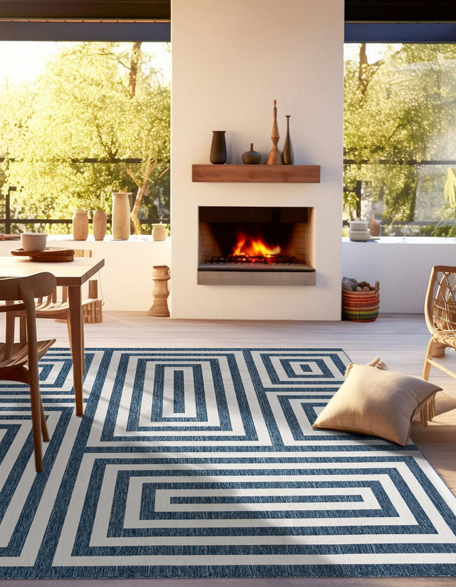 Blue 7' 10 x 7' 10 Outdoor Modern Square Area Rug Weather Resistant for Patio, Deck, Terrace, Balcony, Porch 100% Polypropylene Modern Outside Carpet for Sale at Rug Engine