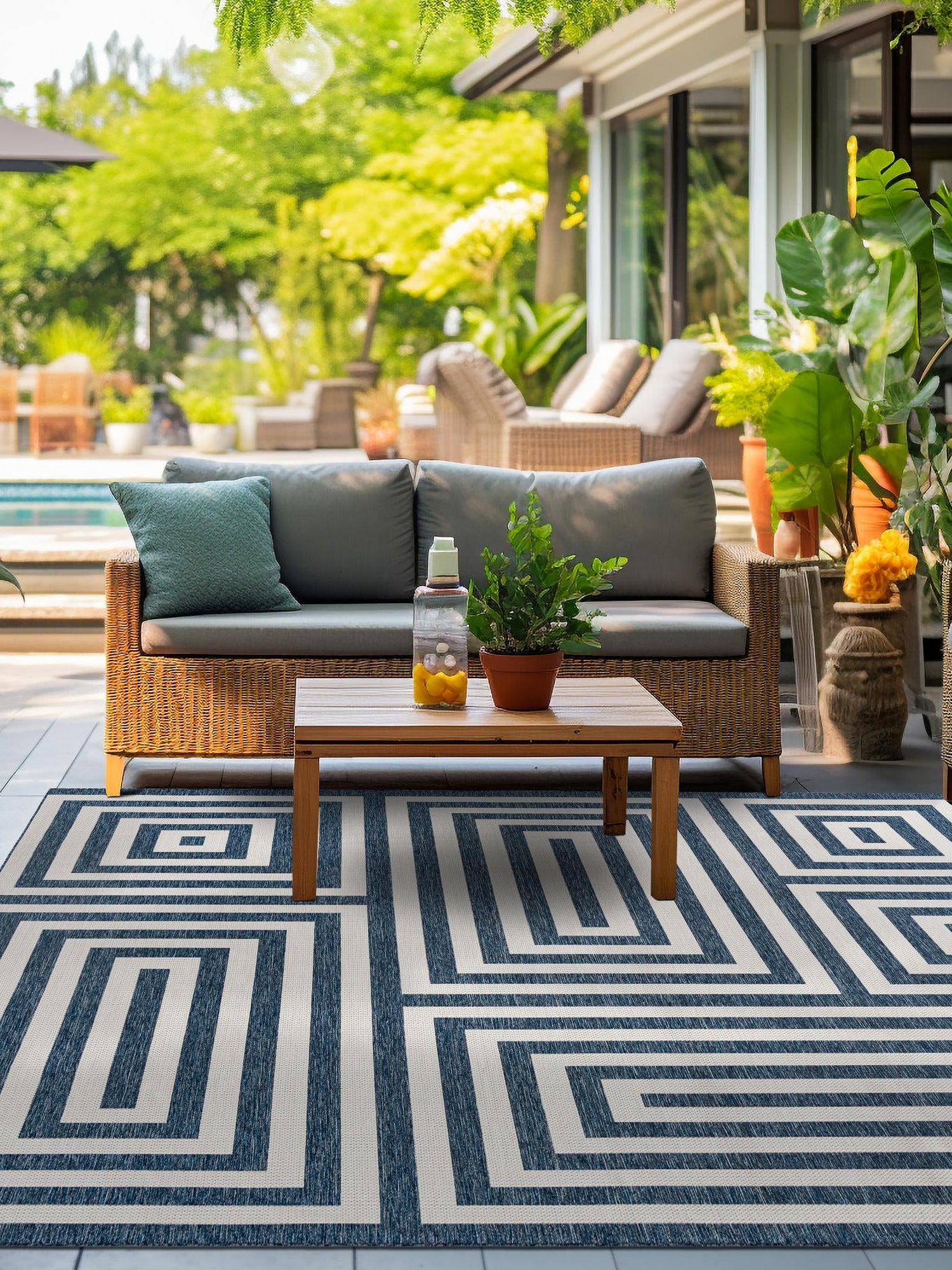 Blue 7' 10 x 7' 10 Outdoor Modern Square Area Rug Weather Resistant for Patio, Deck, Terrace, Balcony, Porch 100% Polypropylene Modern Outside Carpet for Sale at Rug Engine