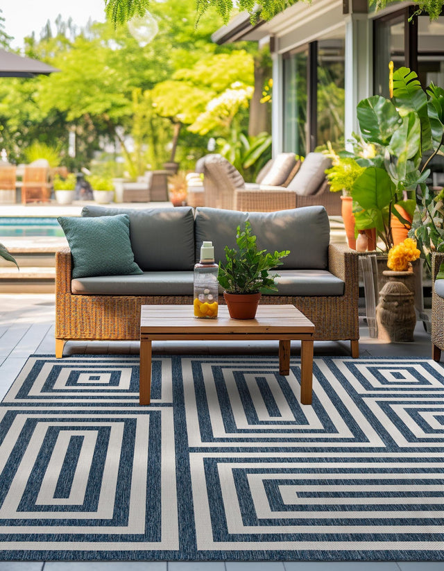 Blue 7' 10 x 7' 10 Outdoor Modern Square Area Rug Weather Resistant for Patio, Deck, Terrace, Balcony, Porch 100% Polypropylene Modern Outside Carpet for Sale at Rug Engine