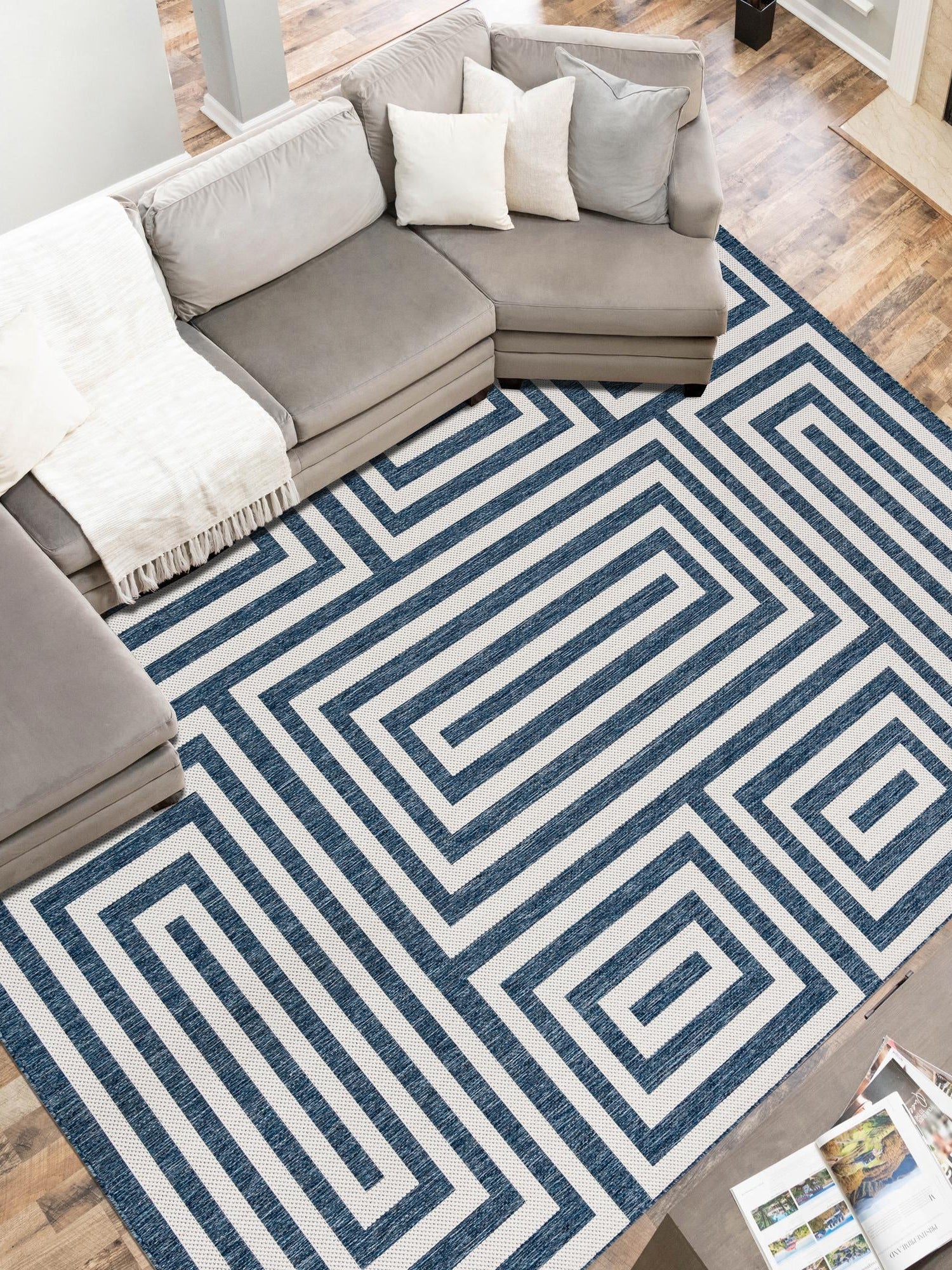 Blue 6' 1 x 9' Outdoor Modern Rectangle Area Rug Weather Resistant for Patio, Deck, Terrace, Balcony, Porch 100% Polypropylene Modern Outside Carpet for Sale at Rug Engine