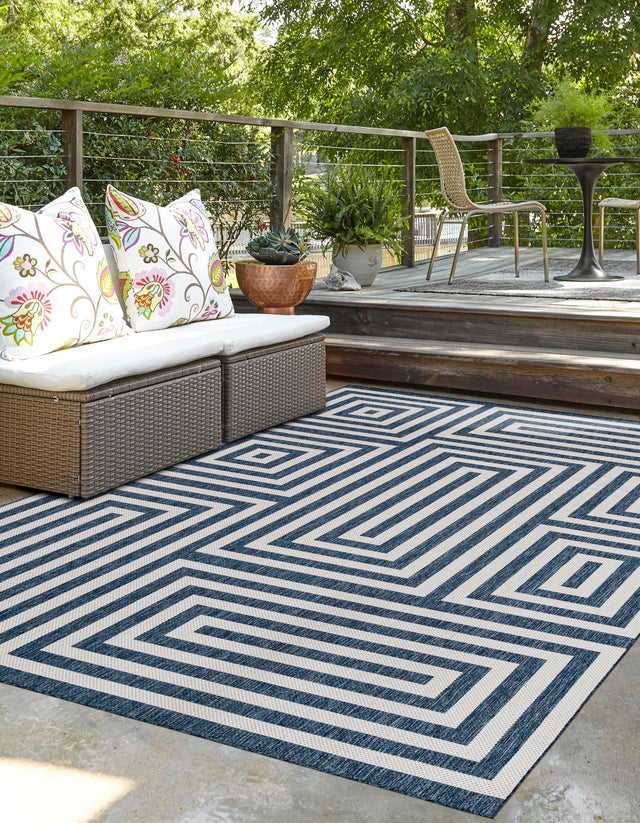 Blue 9' x 12' Outdoor Modern Rectangle Area Rug Weather Resistant for Patio, Deck, Terrace, Balcony, Porch 100% Polypropylene Modern Outside Carpet for Sale at Rug Engine
