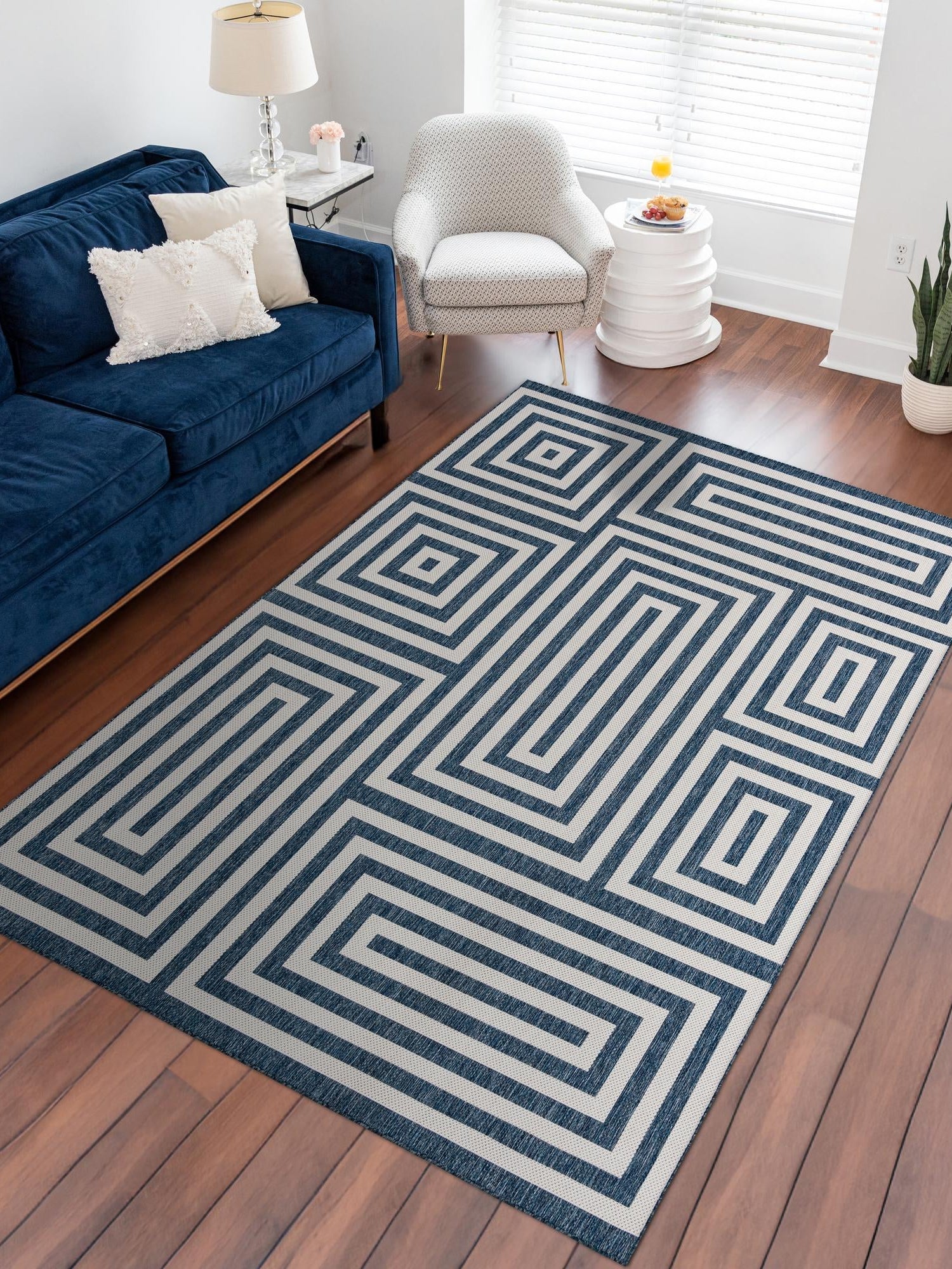 Blue 6' 1 x 9' Outdoor Modern Rectangle Area Rug Weather Resistant for Patio, Deck, Terrace, Balcony, Porch 100% Polypropylene Modern Outside Carpet for Sale at Rug Engine