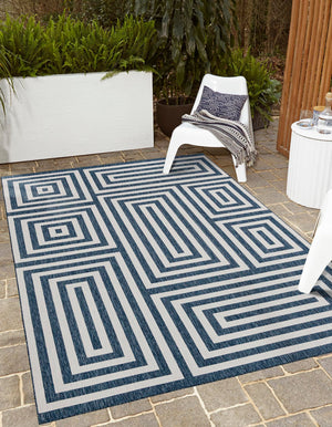 Blue 5' 3 x 7' 1 Outdoor Modern Rectangle Area Rug Weather Resistant for Patio, Deck, Terrace, Balcony, Porch 100% Polypropylene Modern Outside Carpet for Sale at Rug Engine