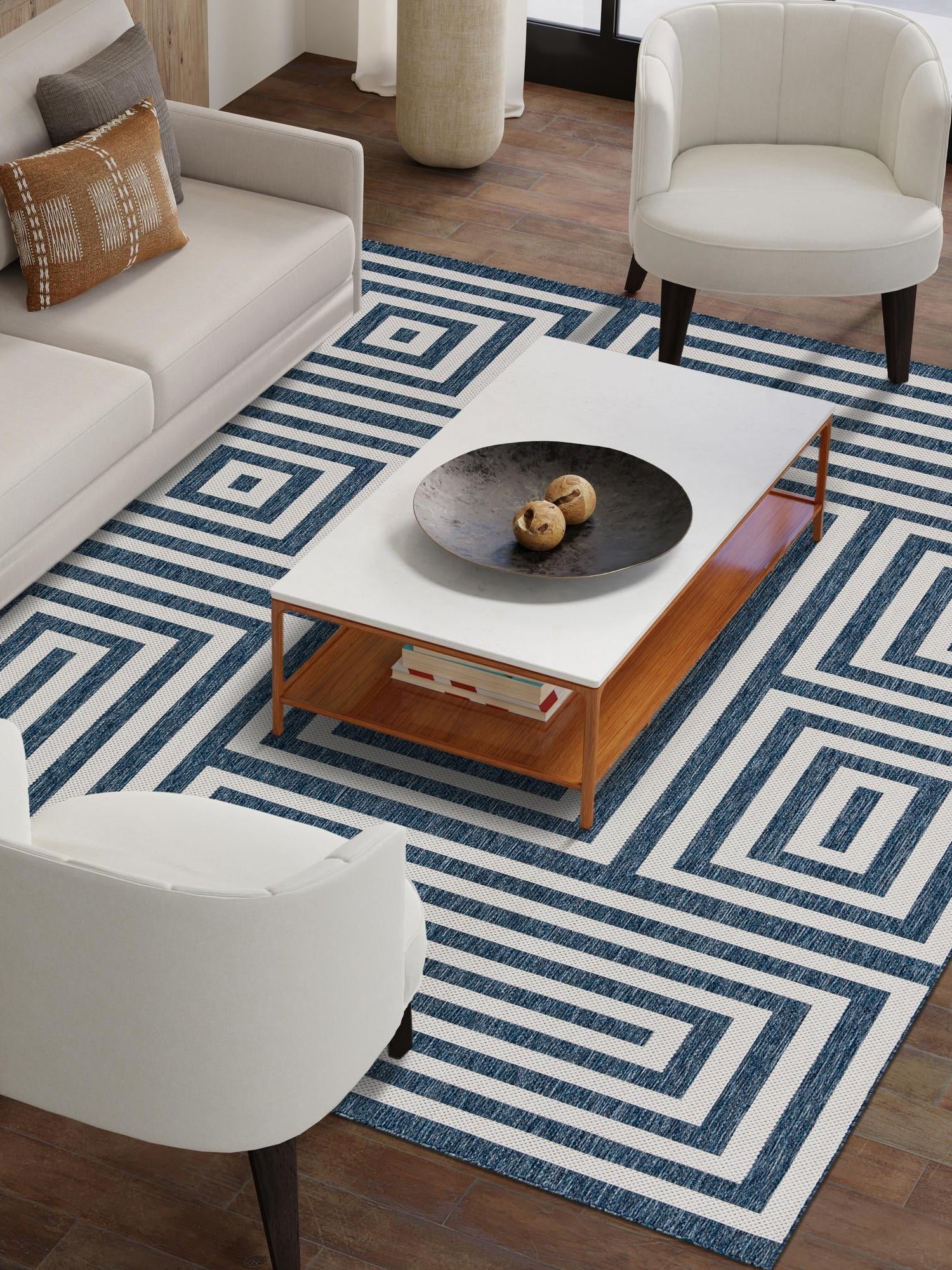 Blue 5' 3 x 7' 1 Outdoor Modern Rectangle Area Rug Weather Resistant for Patio, Deck, Terrace, Balcony, Porch 100% Polypropylene Modern Outside Carpet for Sale at Rug Engine