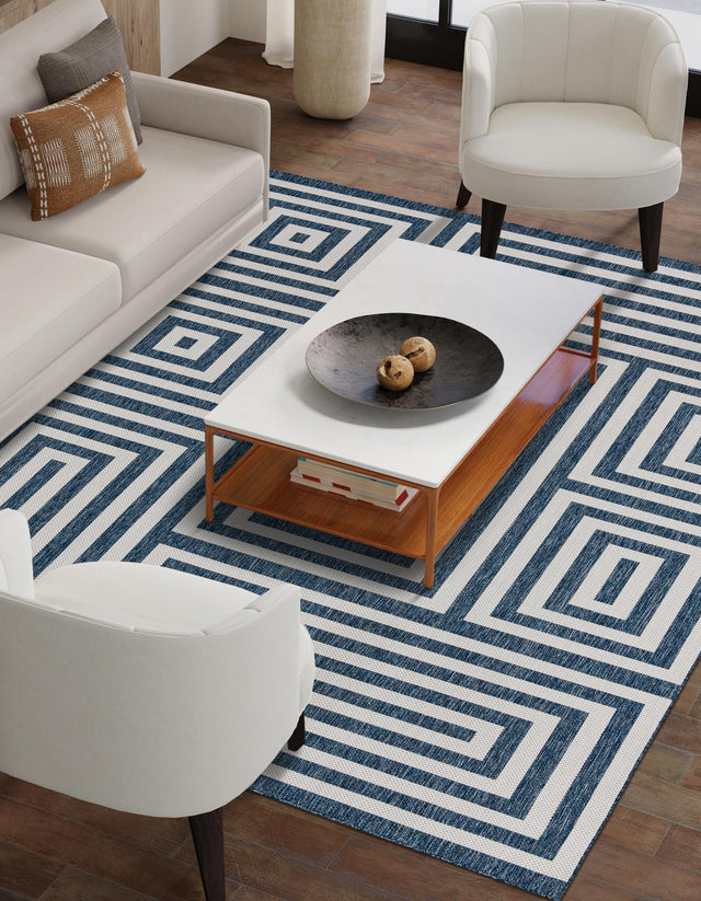 Blue 7' 10 x 10' Outdoor Modern Rectangle Area Rug Weather Resistant for Patio, Deck, Terrace, Balcony, Porch 100% Polypropylene Modern Outside Carpet for Sale at Rug Engine