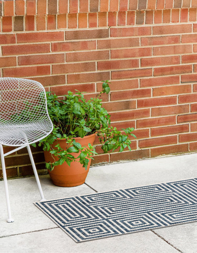 Blue 2' x 8' Outdoor Modern Runner Area Rug Weather Resistant for Patio, Deck, Terrace, Balcony, Porch 100% Polypropylene Modern Outside Carpet for Sale at Rug Engine
