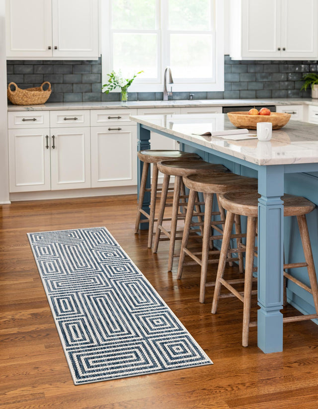 Blue 2' x 4' 1 Outdoor Modern Runner Area Rug Weather Resistant for Patio, Deck, Terrace, Balcony, Porch 100% Polypropylene Modern Outside Carpet for Sale at Rug Engine