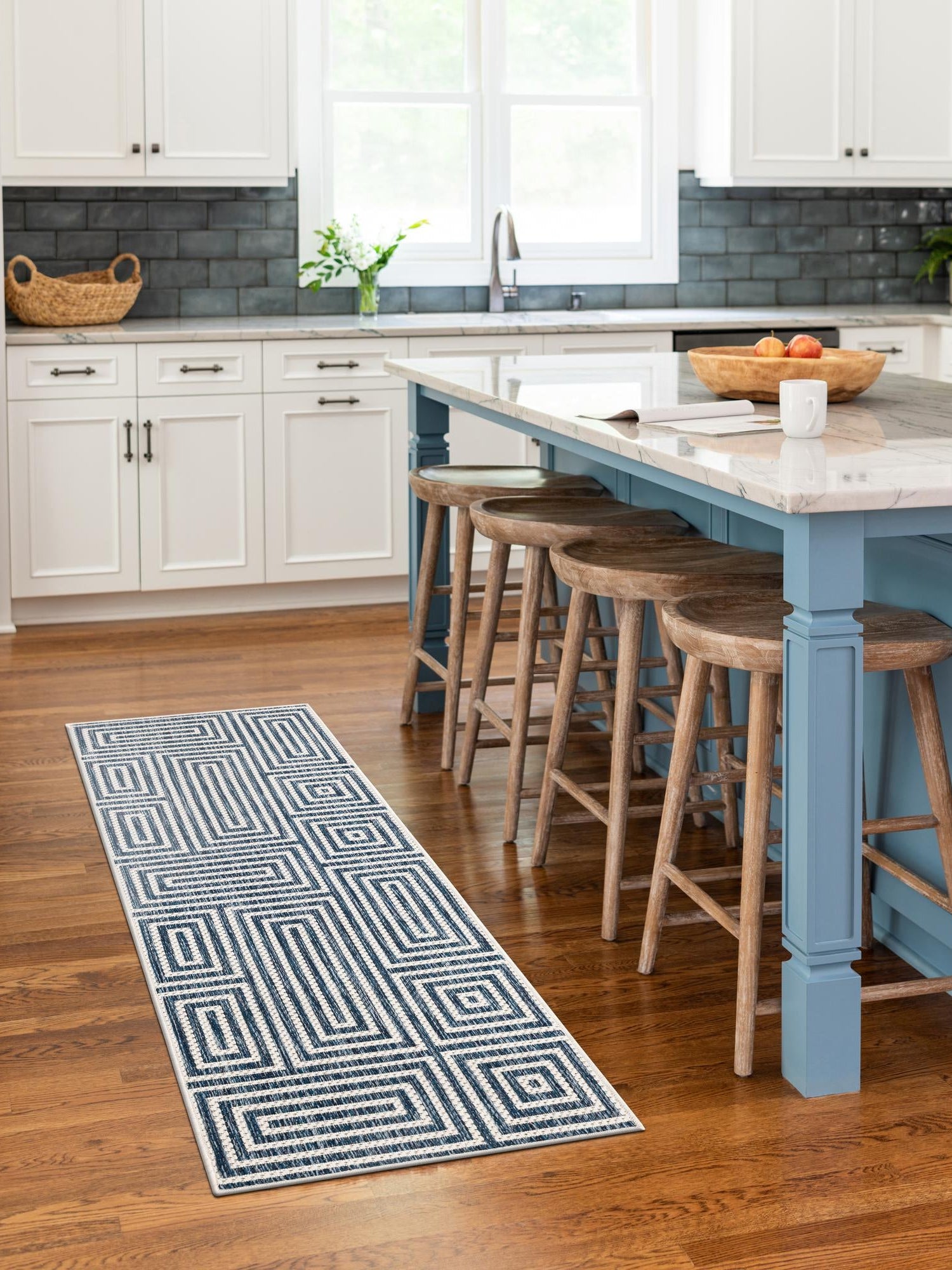 Blue 2' 7 x 12' Outdoor Modern Runner Area Rug Weather Resistant for Patio, Deck, Terrace, Balcony, Porch 100% Polypropylene Modern Outside Carpet for Sale at Rug Engine