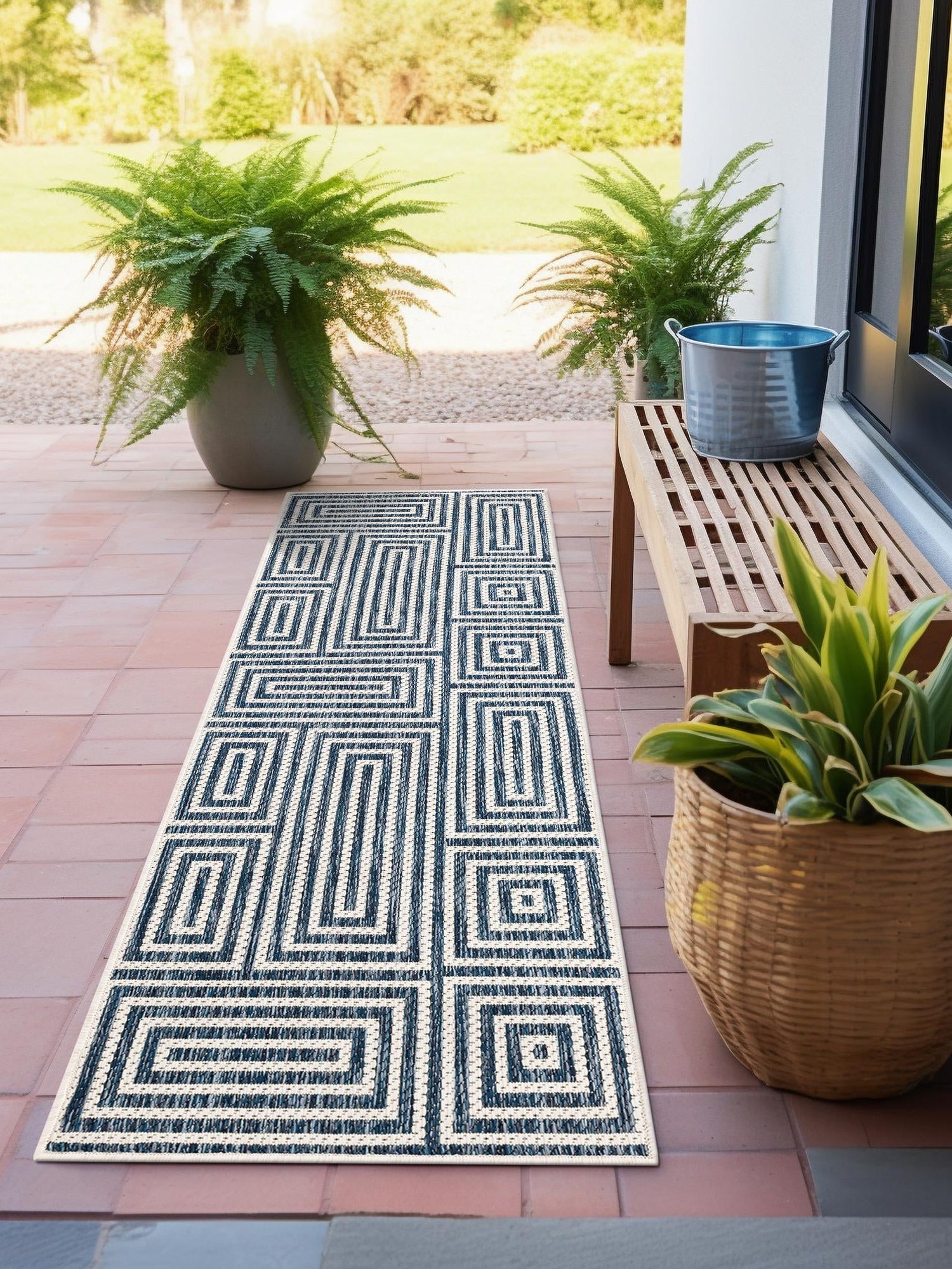 Blue 2' x 6' 1 Outdoor Modern Runner Area Rug Weather Resistant for Patio, Deck, Terrace, Balcony, Porch 100% Polypropylene Modern Outside Carpet for Sale at Rug Engine