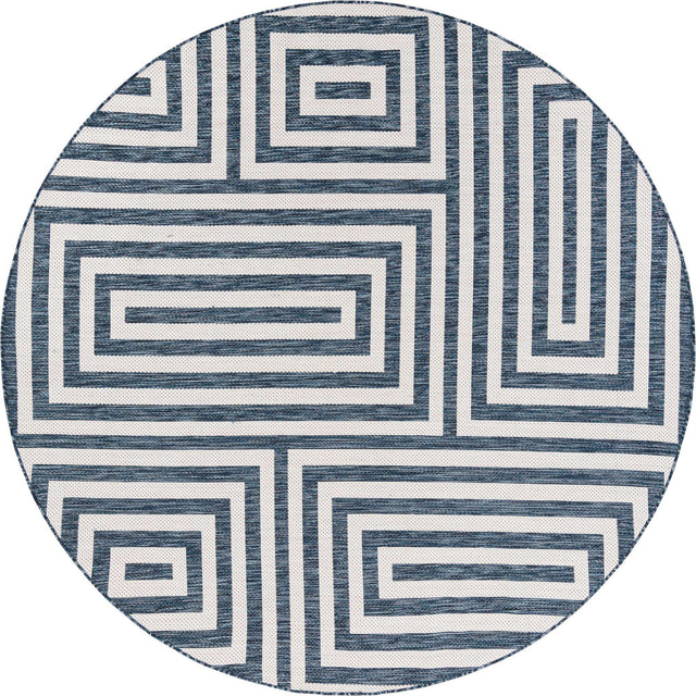 Blue 7' 10 x 7' 10 Outdoor Modern Round Area Rug Weather Resistant for Patio, Deck, Terrace, Balcony, Porch 100% Polypropylene Modern Outside Carpet for Sale at Rug Engine