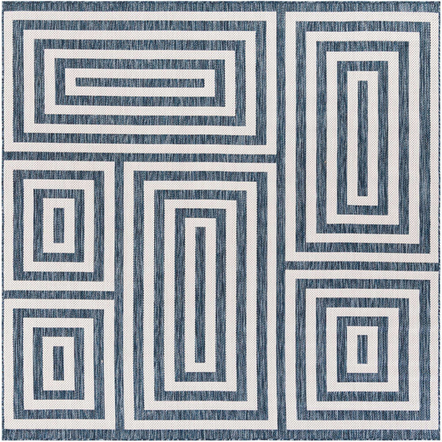 Blue 7' 10 x 7' 10 Outdoor Modern Square Area Rug Weather Resistant for Patio, Deck, Terrace, Balcony, Porch 100% Polypropylene Modern Outside Carpet for Sale at Rug Engine