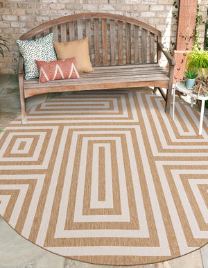 Taupe 6' 1 x 6' 1 Outdoor Modern Round Area Rug Weather Resistant for Patio, Deck, Terrace, Balcony, Porch 100% Polypropylene Modern Outside Carpet for Sale at Rug Engine