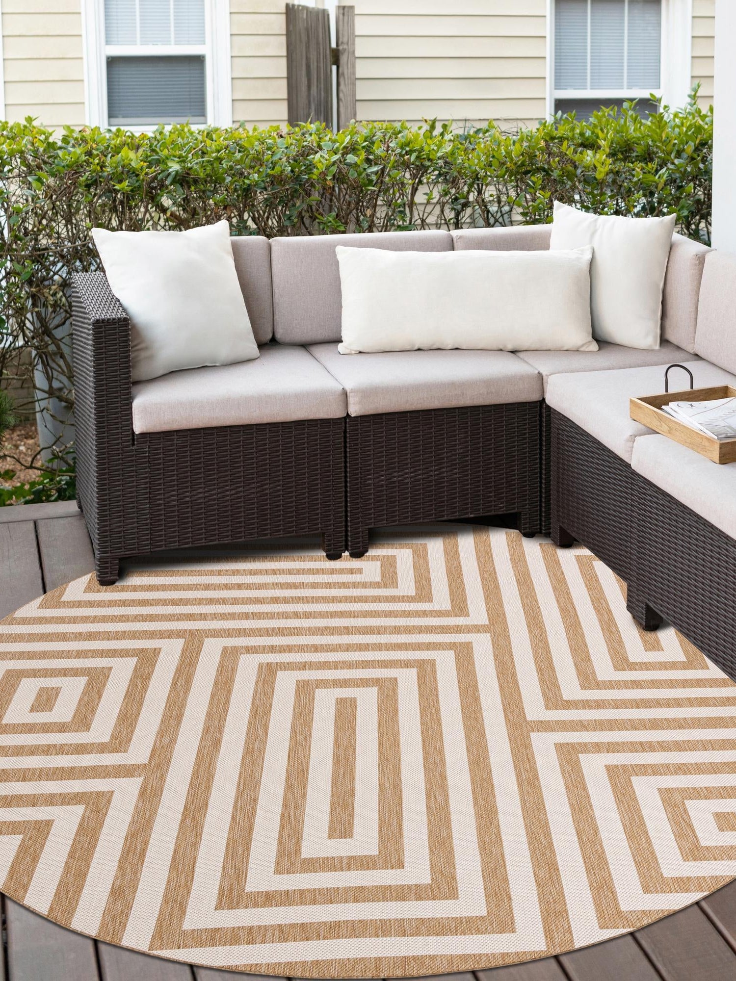 Taupe 3' 1 x 3' 1 Outdoor Modern Round Area Rug Weather Resistant for Patio, Deck, Terrace, Balcony, Porch 100% Polypropylene Modern Outside Carpet for Sale at Rug Engine