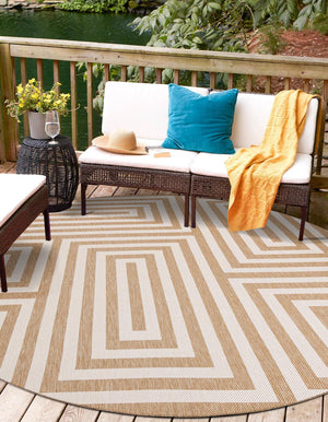 Taupe 3' 1 x 3' 1 Outdoor Modern Round Area Rug Weather Resistant for Patio, Deck, Terrace, Balcony, Porch 100% Polypropylene Modern Outside Carpet for Sale at Rug Engine