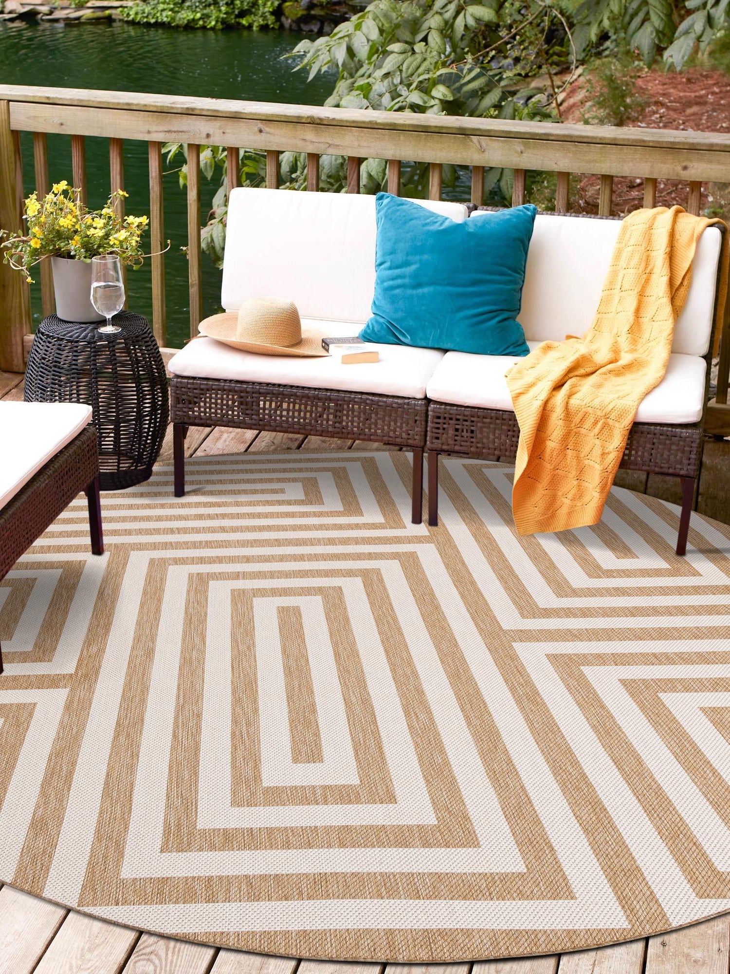 Taupe 6' 1 x 6' 1 Outdoor Modern Round Area Rug Weather Resistant for Patio, Deck, Terrace, Balcony, Porch 100% Polypropylene Modern Outside Carpet for Sale at Rug Engine
