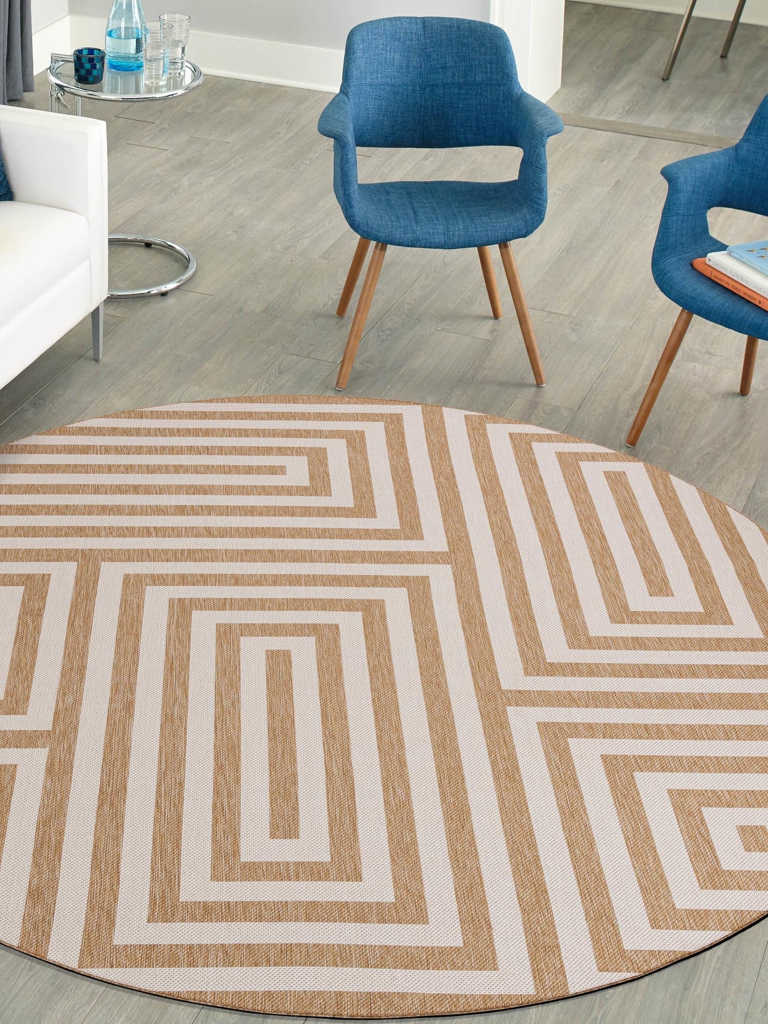 Taupe 6' 1 x 6' 1 Outdoor Modern Round Area Rug Weather Resistant for Patio, Deck, Terrace, Balcony, Porch 100% Polypropylene Modern Outside Carpet for Sale at Rug Engine