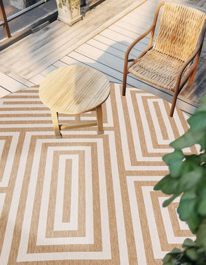 Taupe 7' 10 x 7' 10 Outdoor Modern Round Area Rug Weather Resistant for Patio, Deck, Terrace, Balcony, Porch 100% Polypropylene Modern Outside Carpet for Sale at Rug Engine
