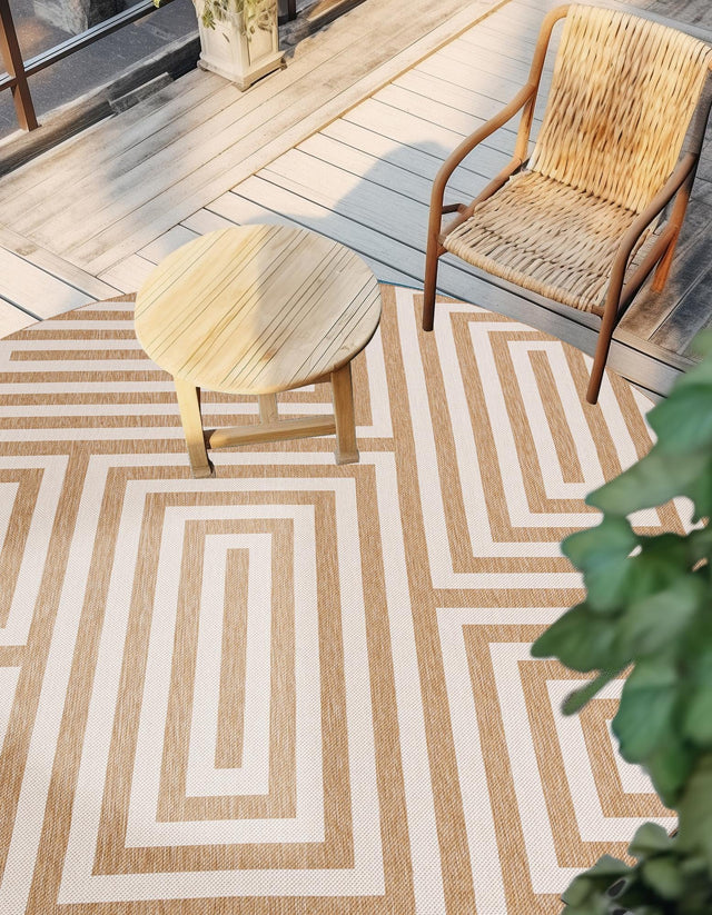 Taupe 12' x 12' Outdoor Modern Round Area Rug Weather Resistant for Patio, Deck, Terrace, Balcony, Porch 100% Polypropylene Modern Outside Carpet for Sale at Rug Engine