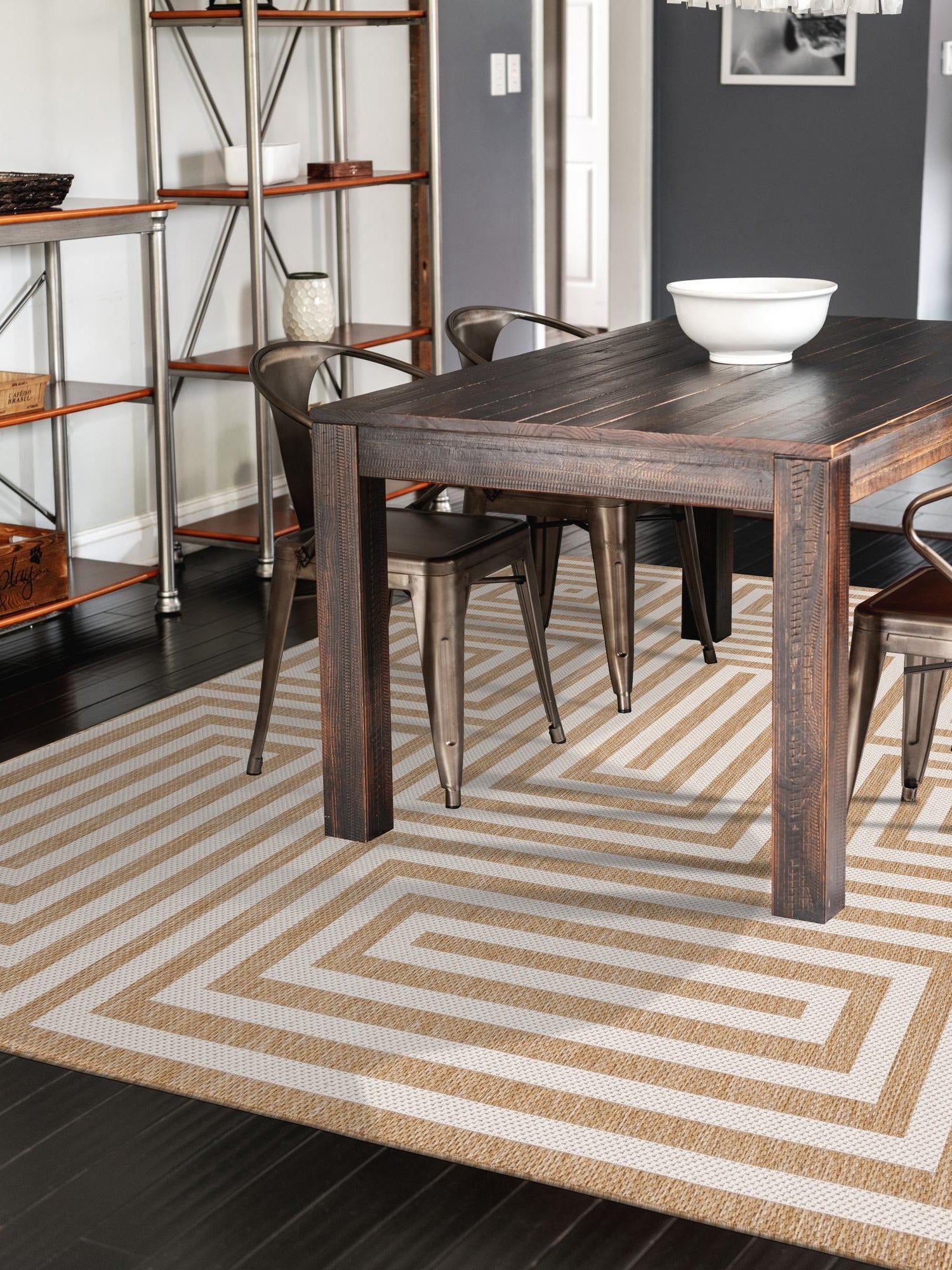 Taupe 9' x 12' Outdoor Modern Rectangle Area Rug Weather Resistant for Patio, Deck, Terrace, Balcony, Porch 100% Polypropylene Modern Outside Carpet for Sale at Rug Engine